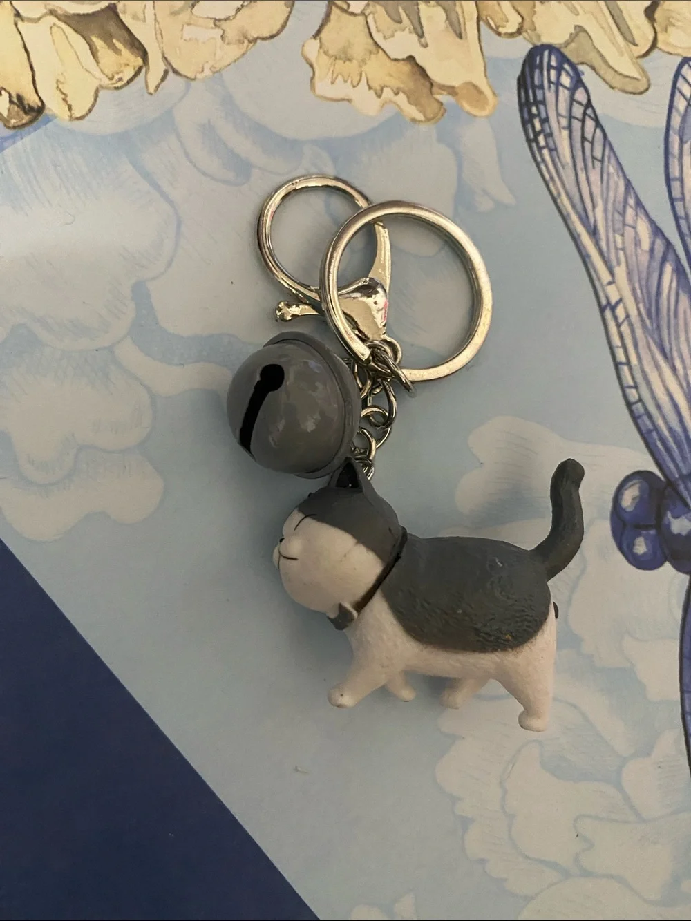 Cute Grey & White Cat Keychain with Bell and clasp